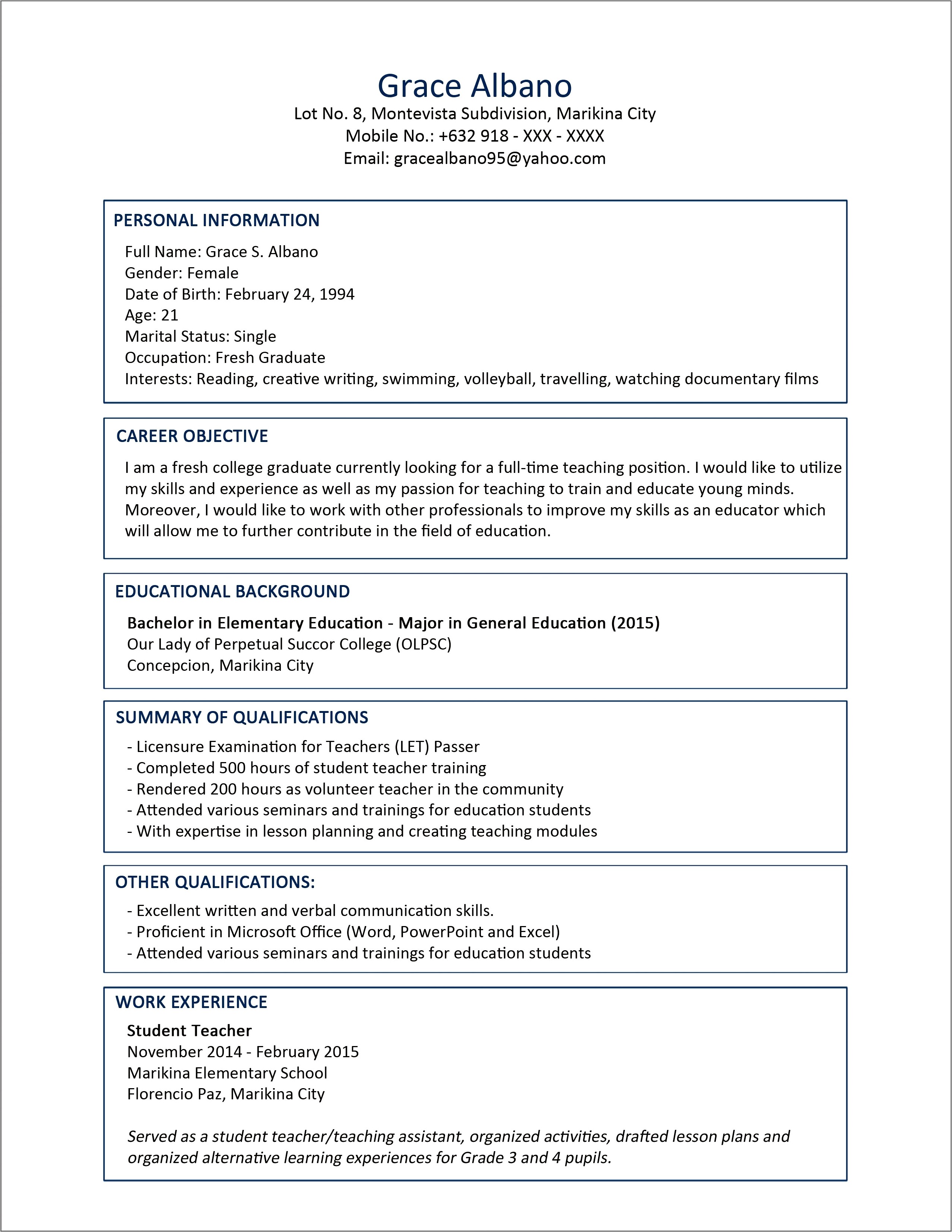 Sample Resume For Business Management Fresh Graduate