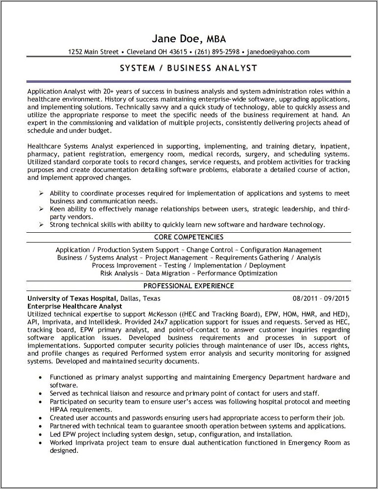 Sample Resume For Business Systems Analyst