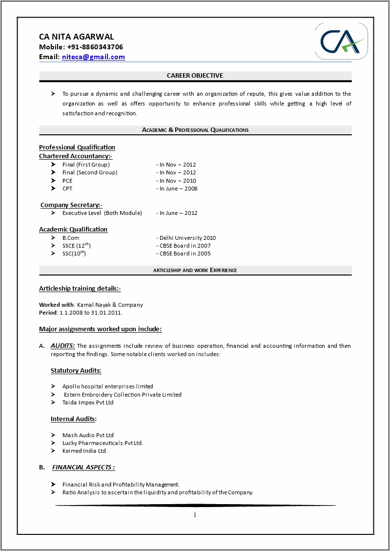Sample Resume For Ca Articleship Training