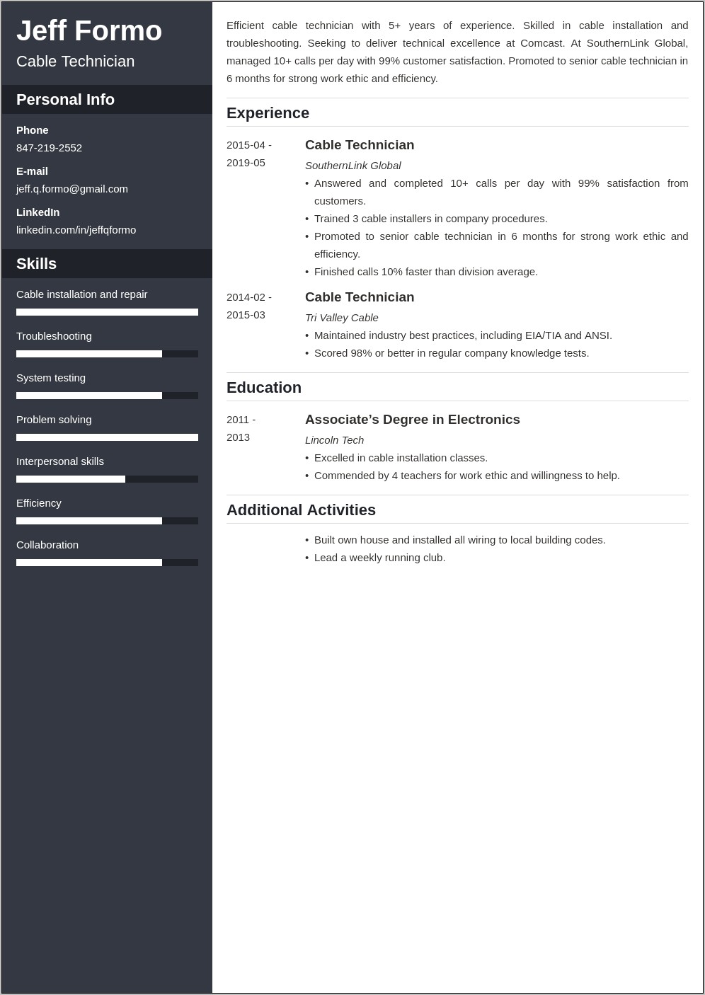 Sample Resume For Cable Installation Technician