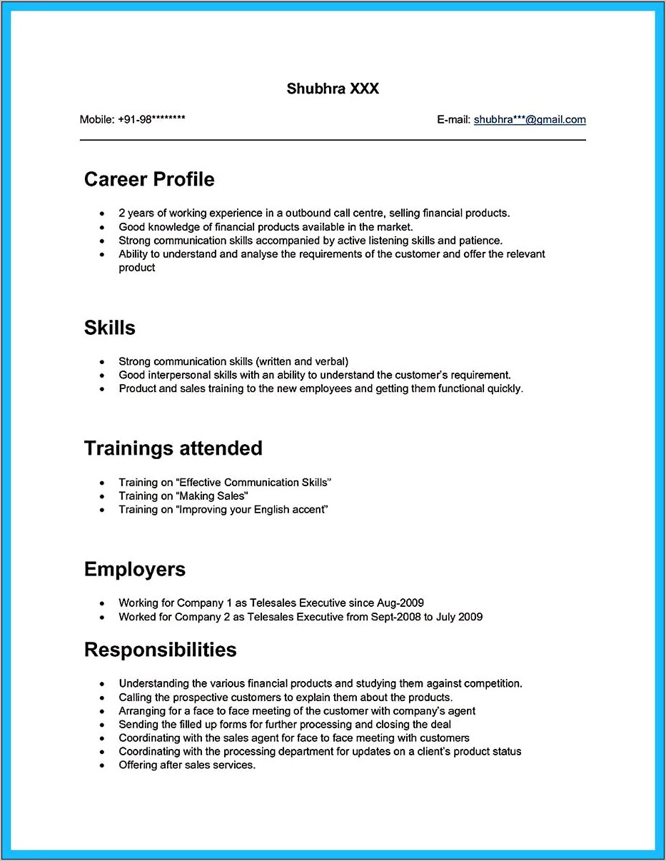 Sample Resume For Call Center Agent With Experience