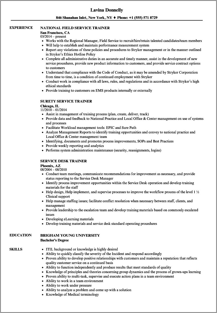 Sample Resume For Call Center Trainer Position