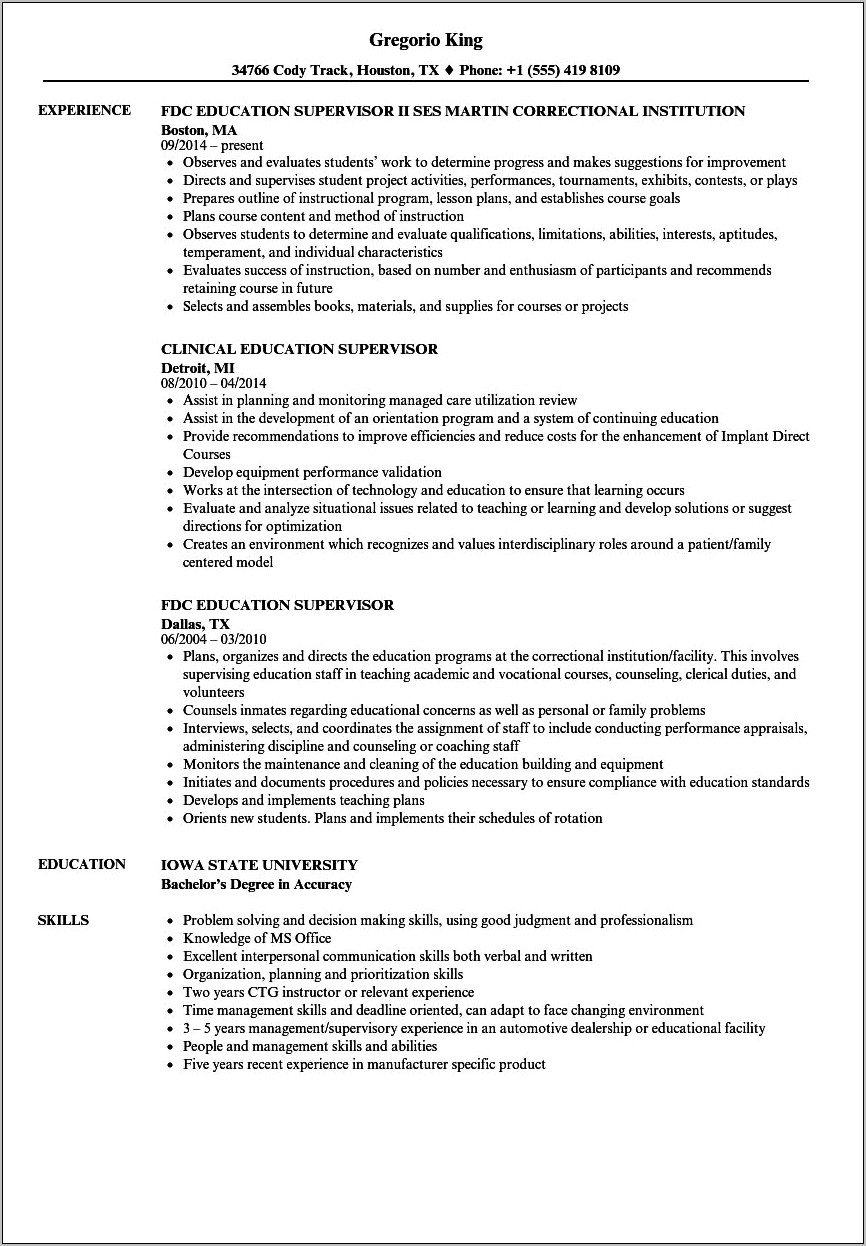 Sample Resume For Campus Supervisor Position