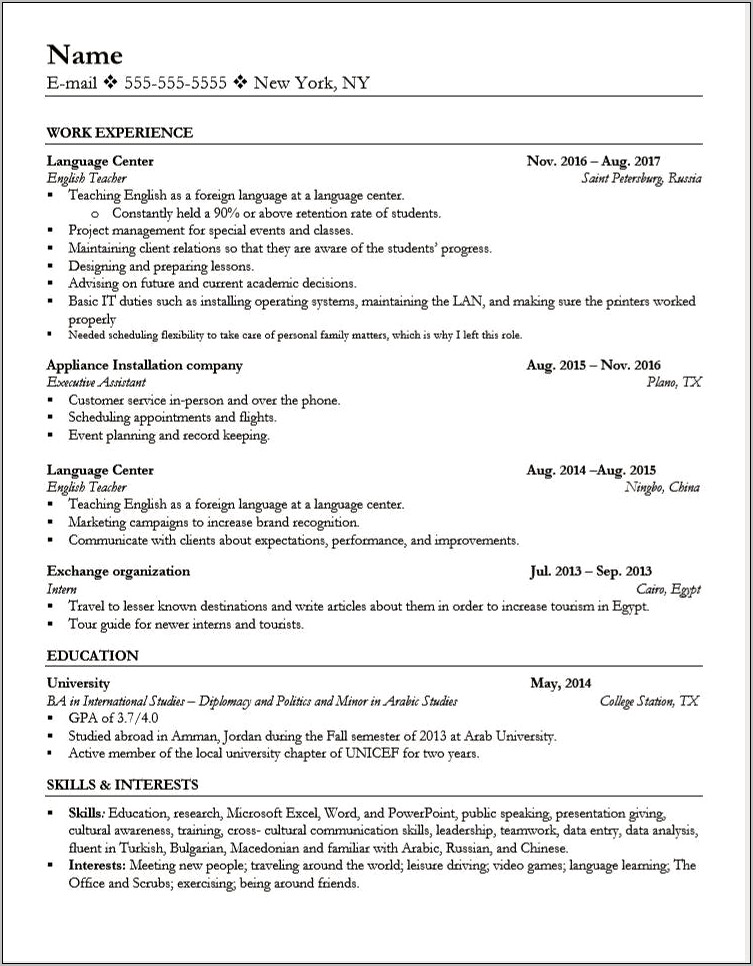 Sample Resume For Career Change To Teacher