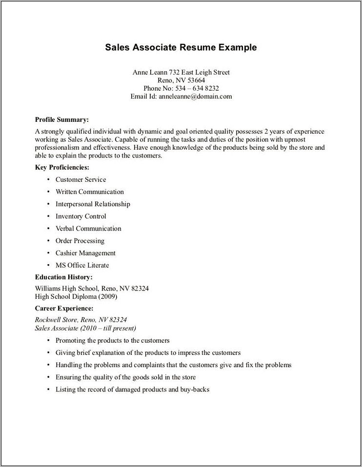 Sample Resume For Cashier Sales Associate