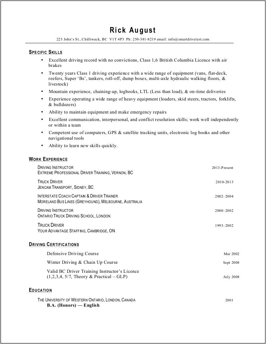Sample Resume For Cdl Class A Driver