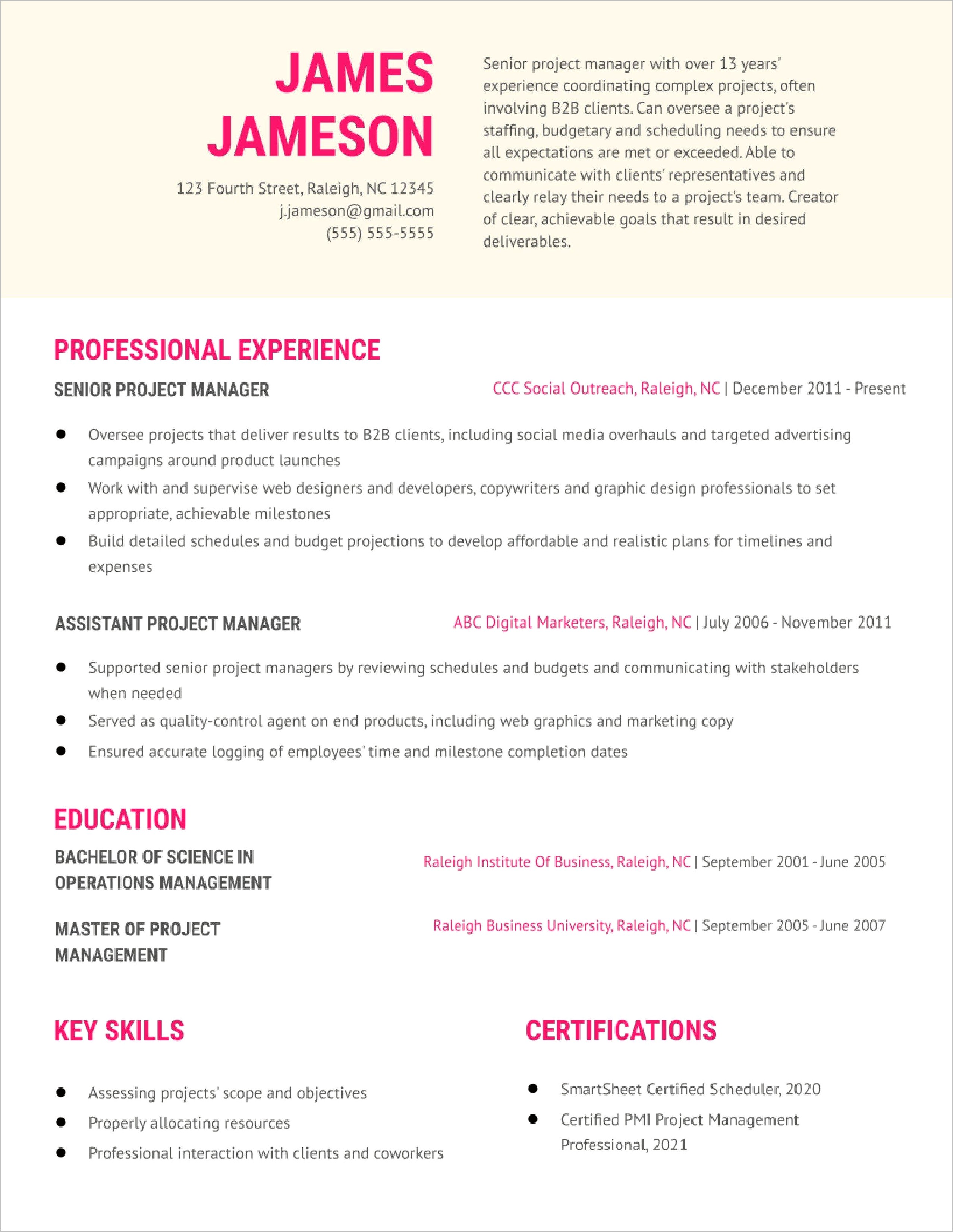 Sample Resume For Certified Assistant Project Manager