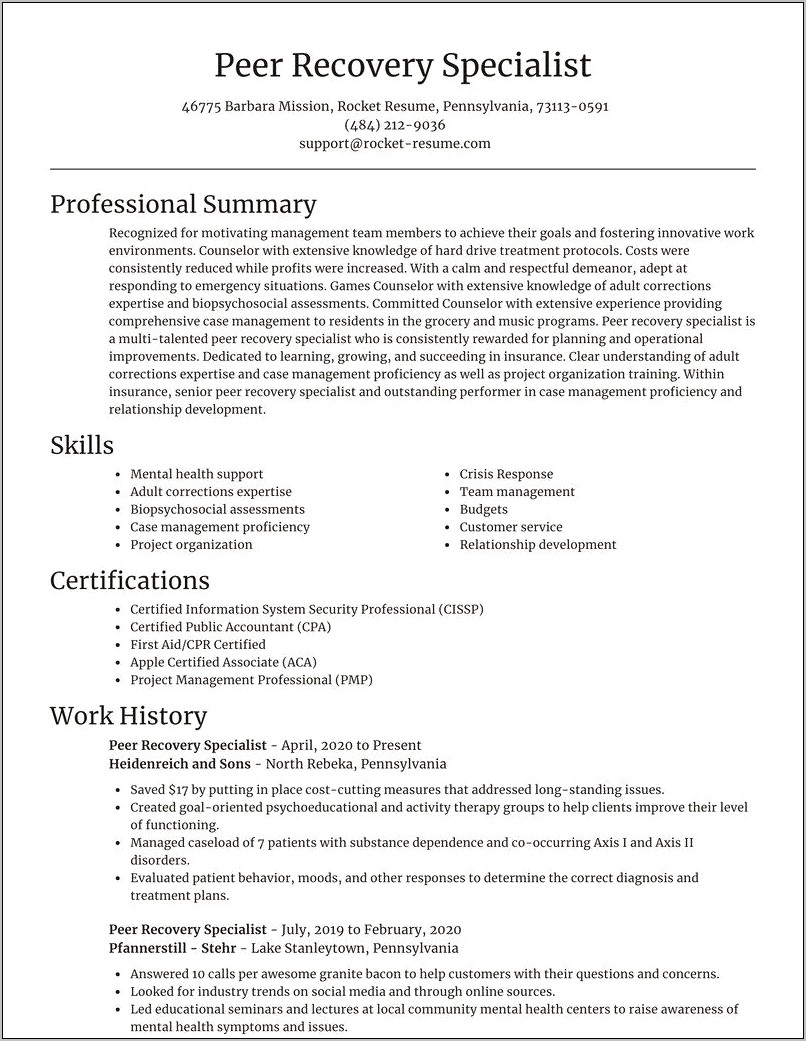 Sample Resume For Certified Peer Support Specialist
