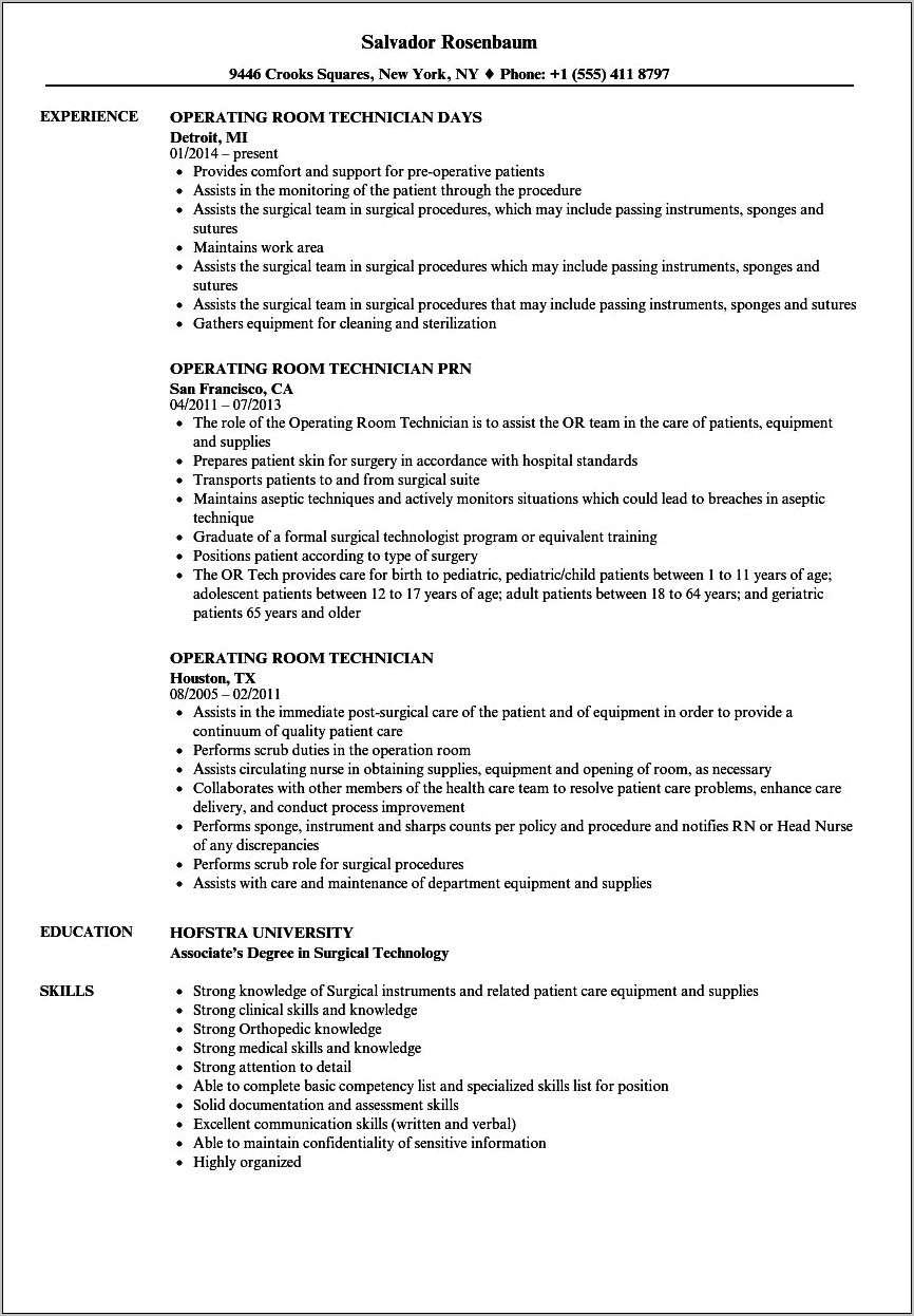 Sample Resume For Certified Surgical Technologist