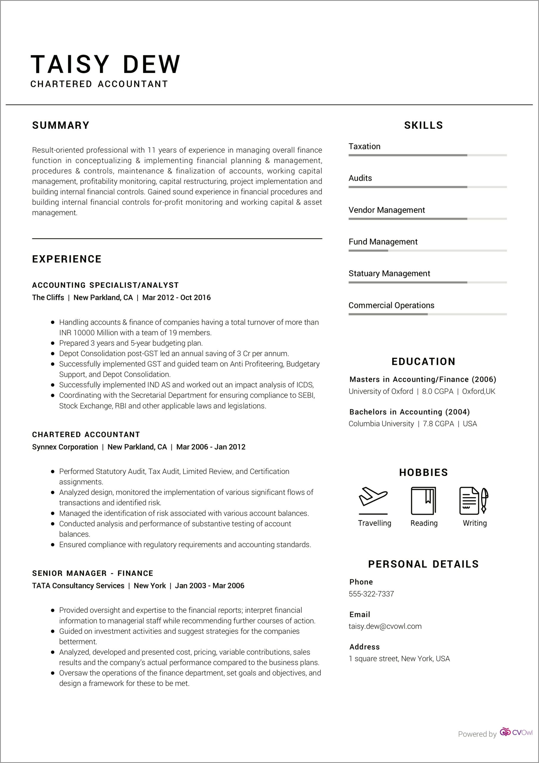 Sample Resume For Chartered Accountant Articleship