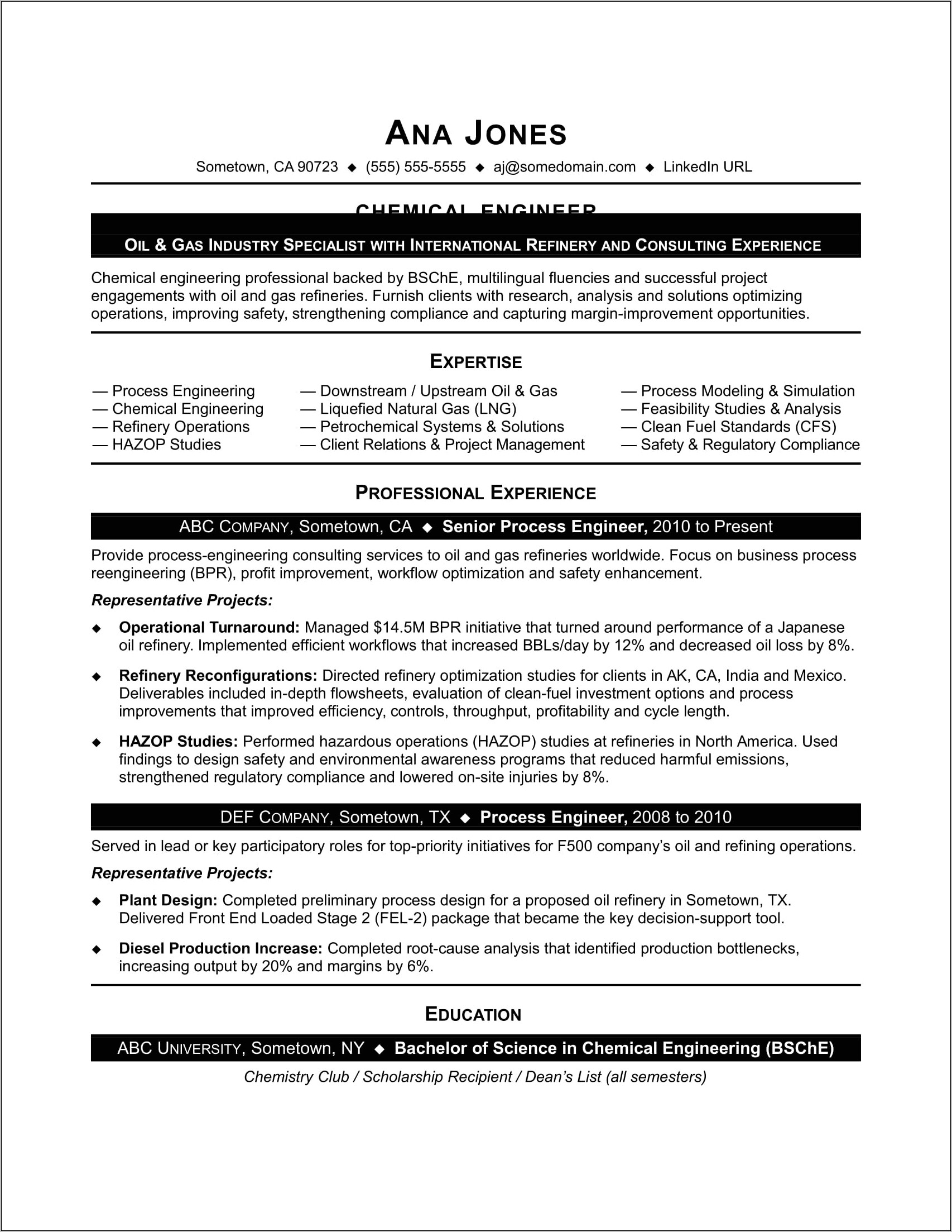 Sample Resume For Chemical Engineering Internship