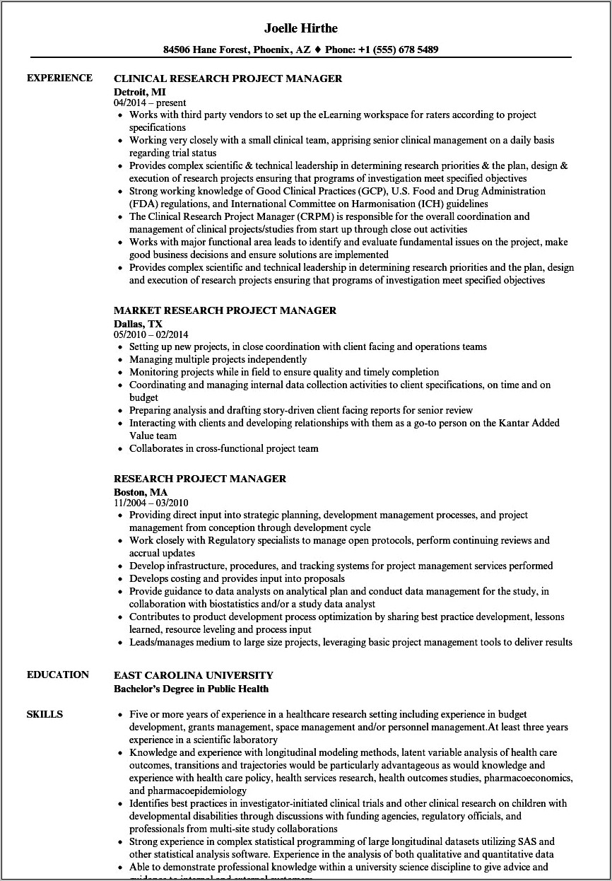 Sample Resume For Clinical Project Manager