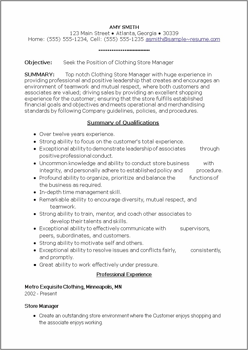 Sample Resume For Clothing Retail Sales Associate