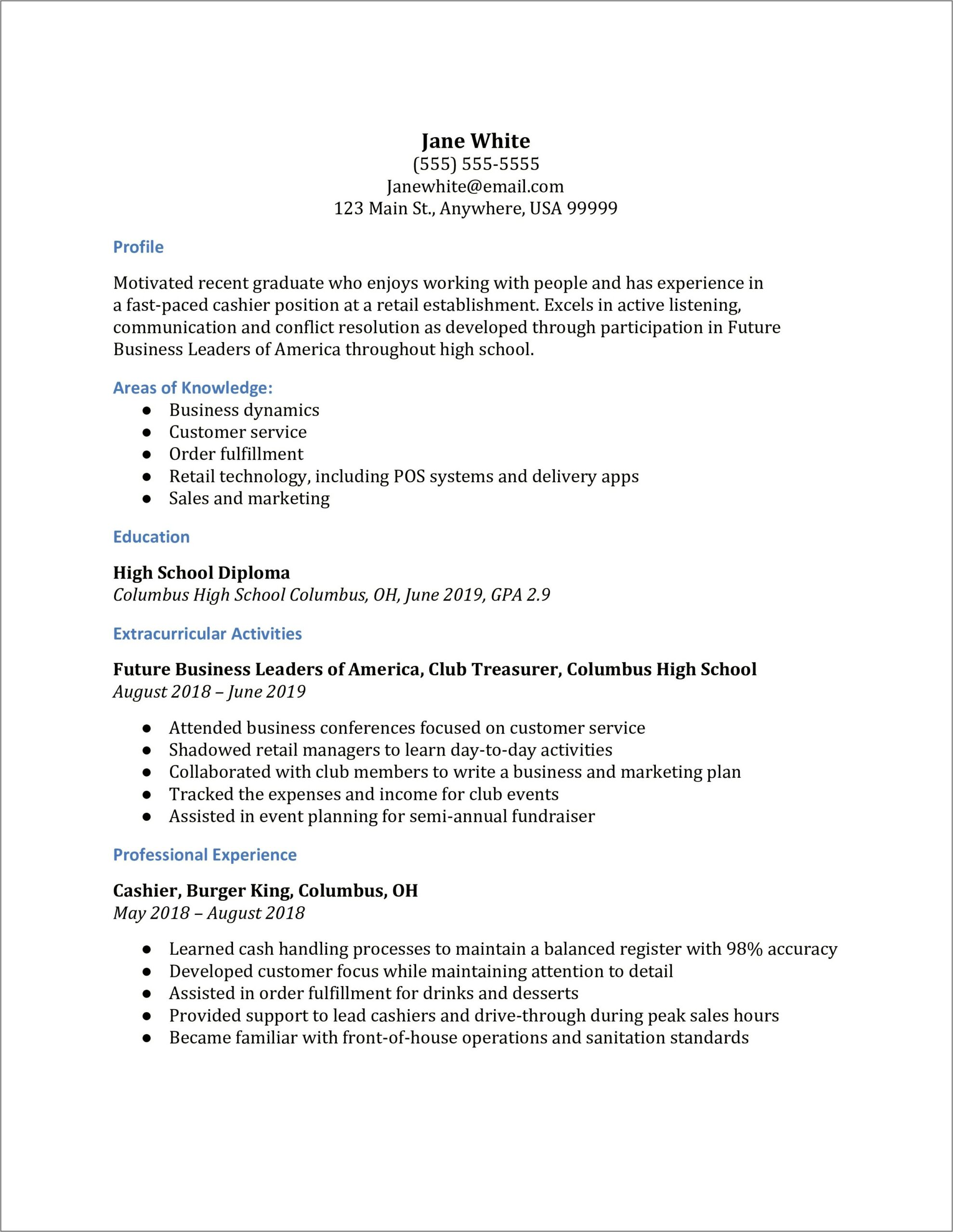 Sample Resume For Clothing Store Cashier