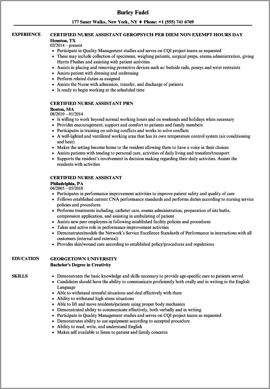 Sample Resume For Cna With Previous Experience
