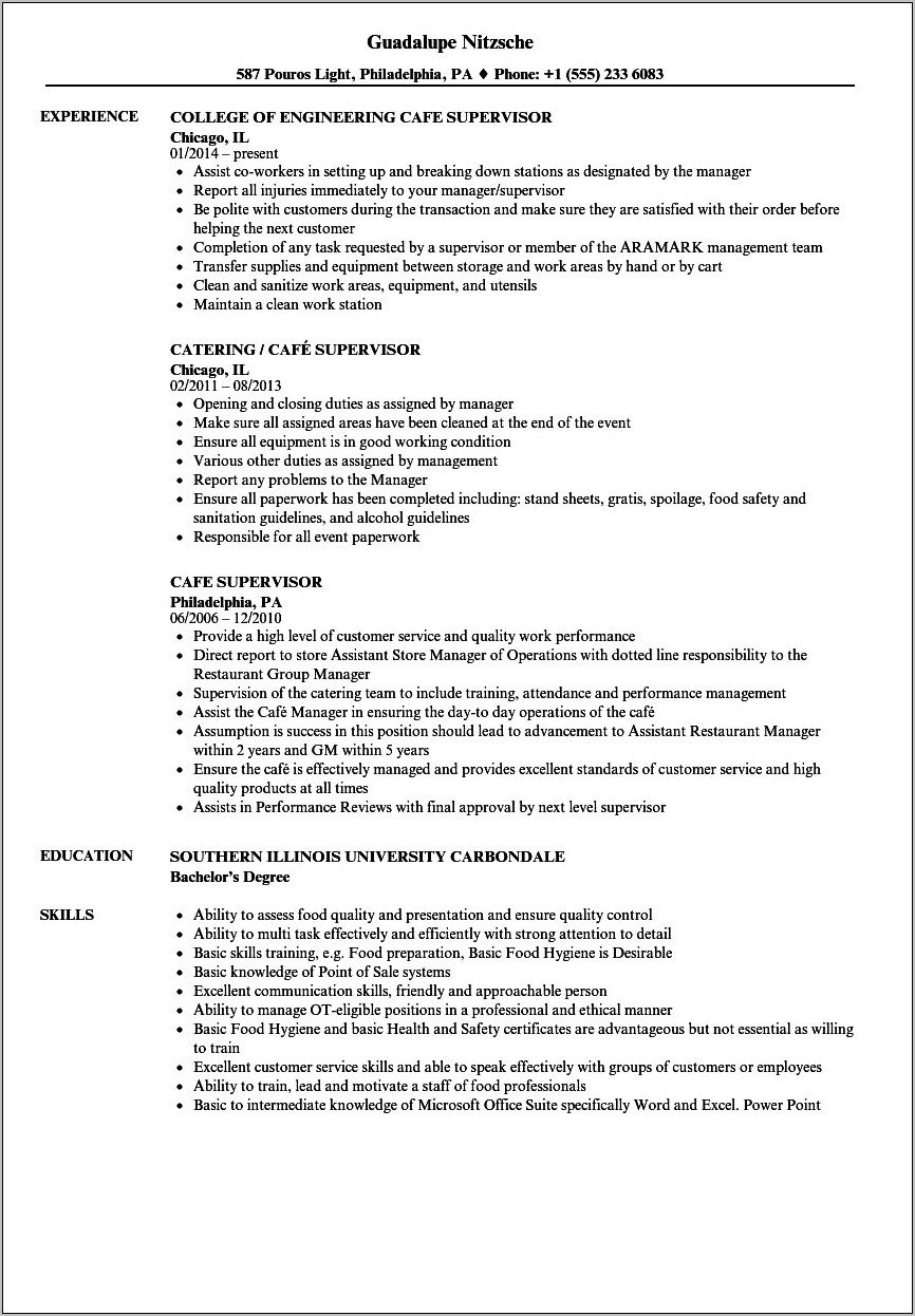 Sample Resume For Coffee Shop Manager
