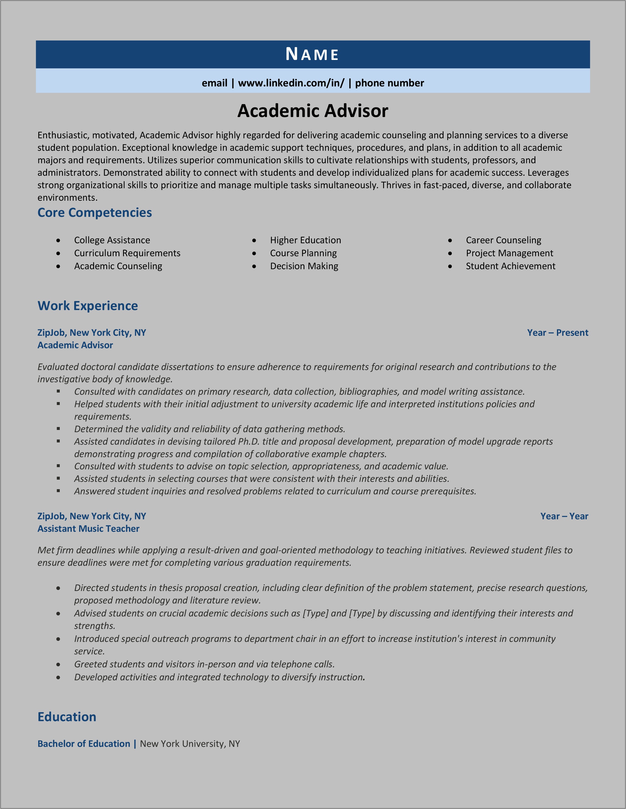Sample Resume For College Academic Advisor