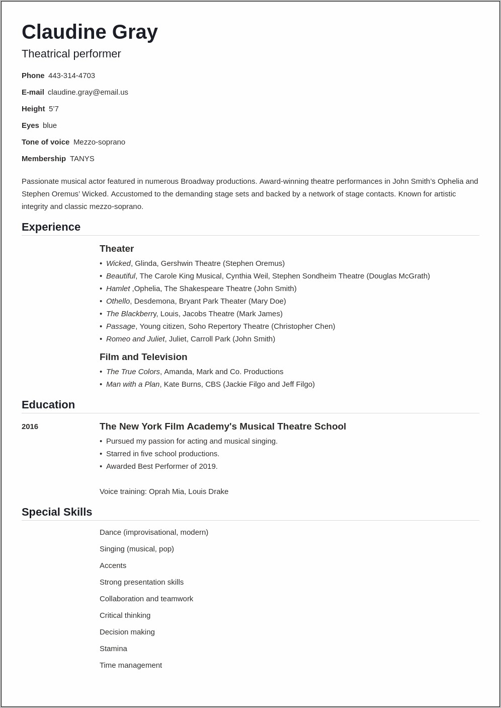 Sample Resume For College Musical Theater