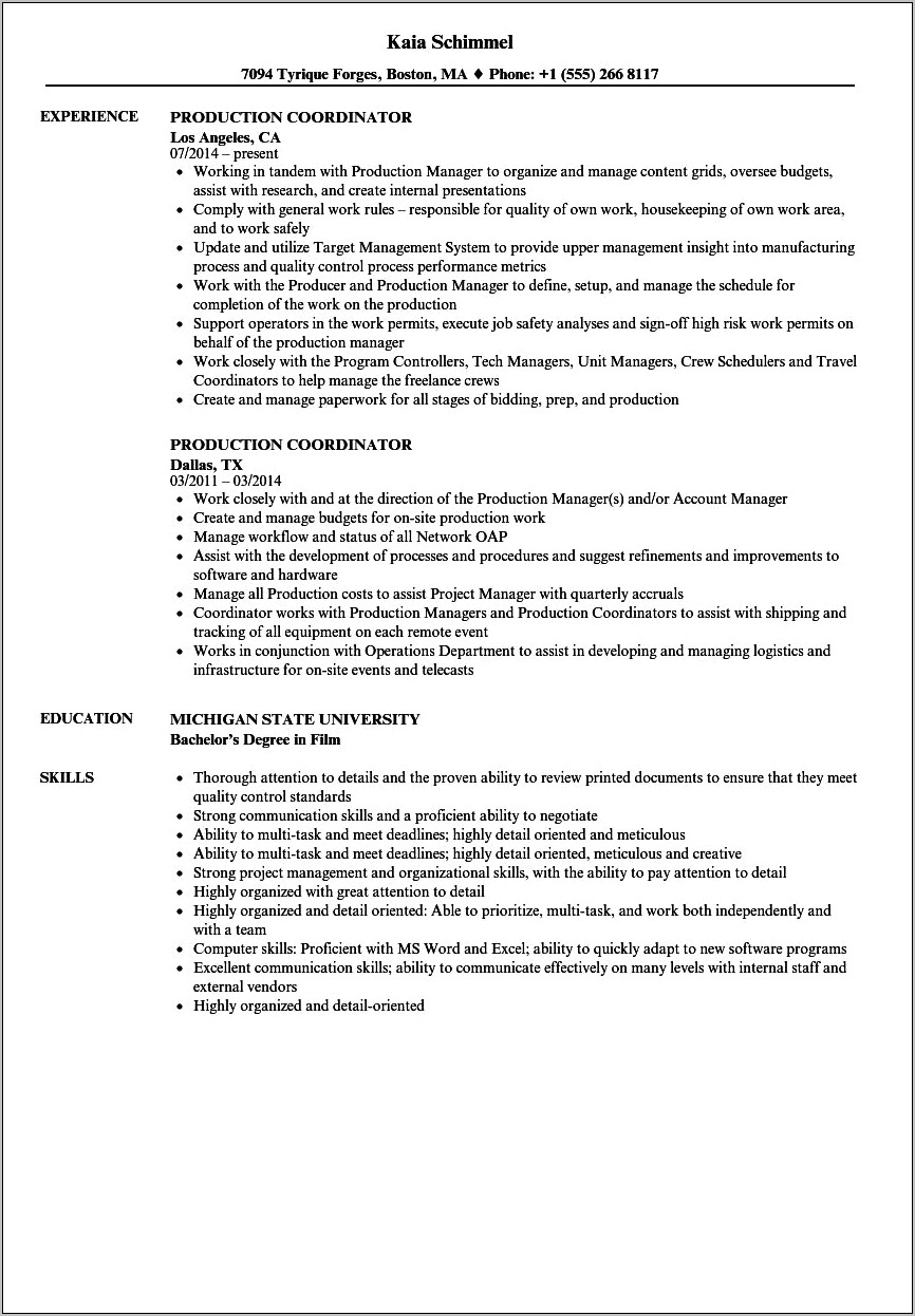 Sample Resume For College Student Production Assistant