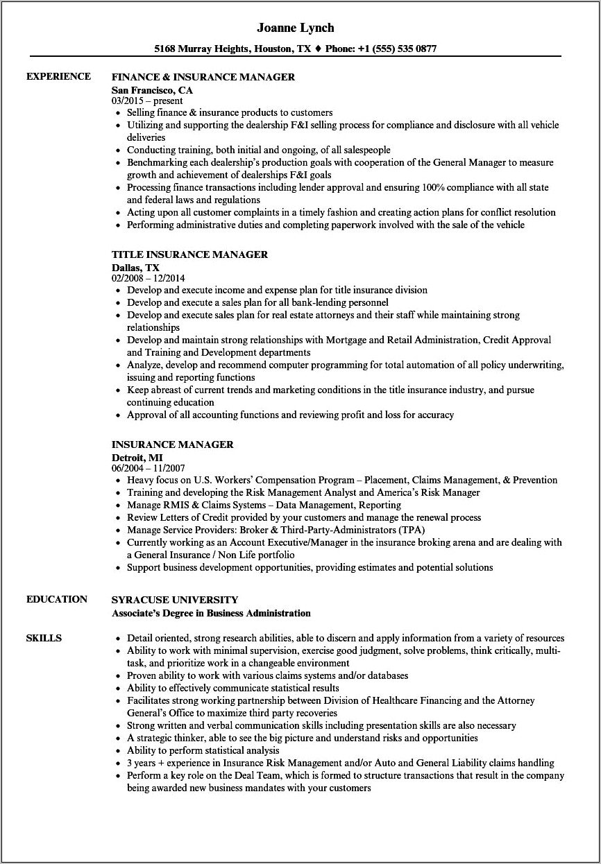 Sample Resume For Commercial Insurance Account Manager