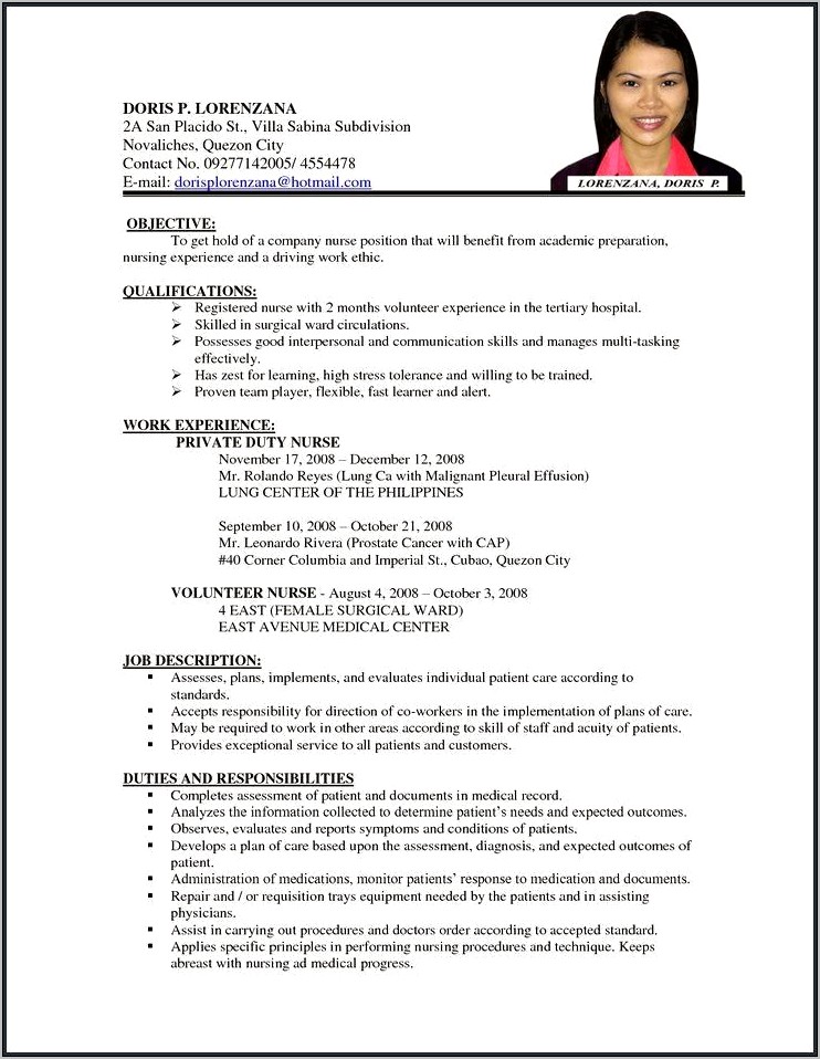 Sample Resume For Company Nurse Without Experience