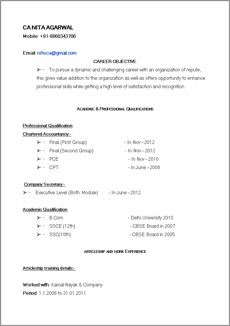 Sample Resume For Company Secretary Articleship