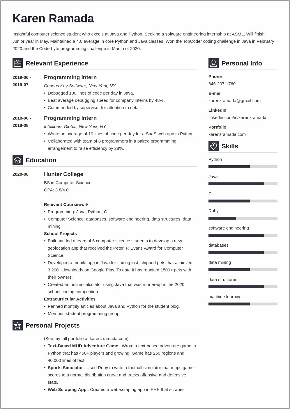 Sample Resume For Computer Science Internship