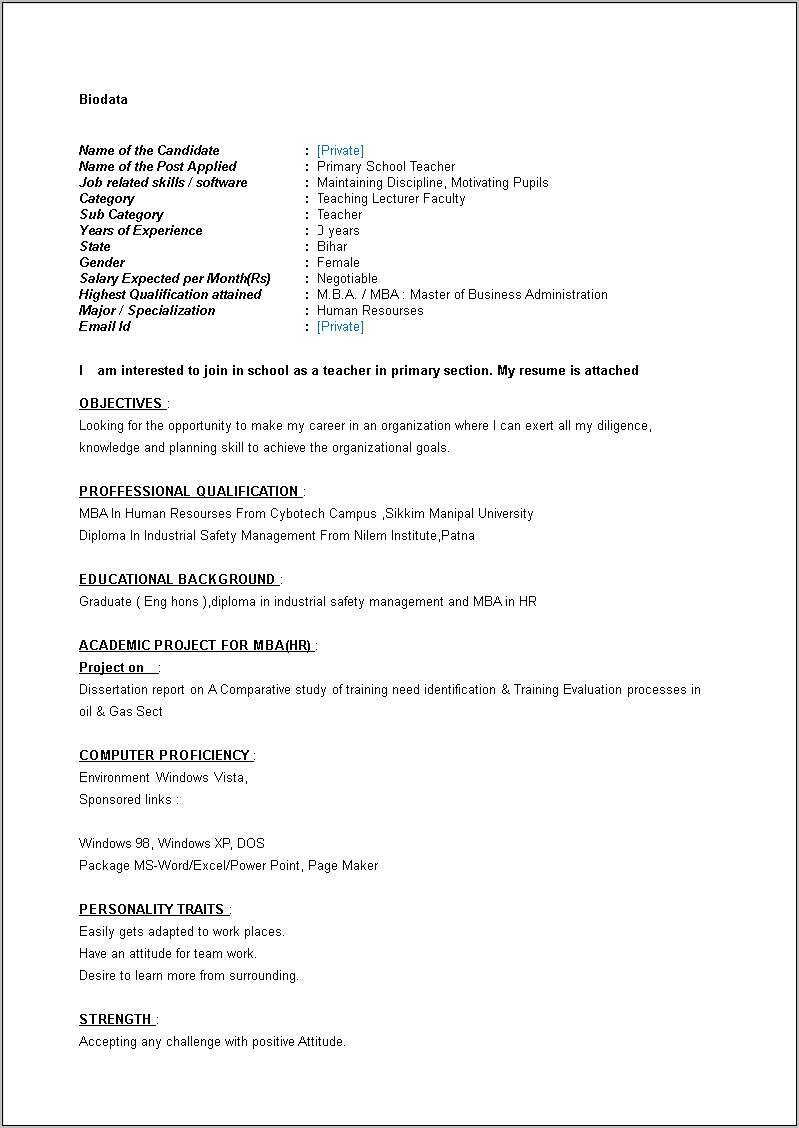 Sample Resume For Computer Teachers Freshers
