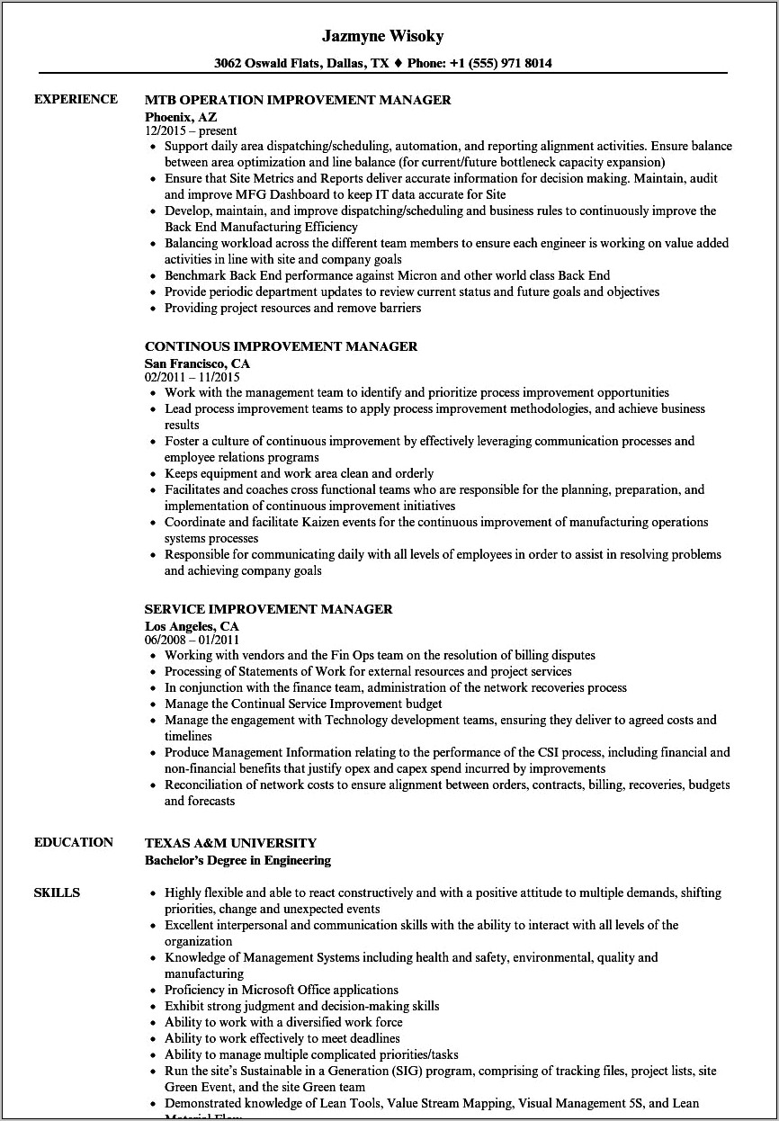Sample Resume For Continuous Improvement Manager - Resume Example Gallery