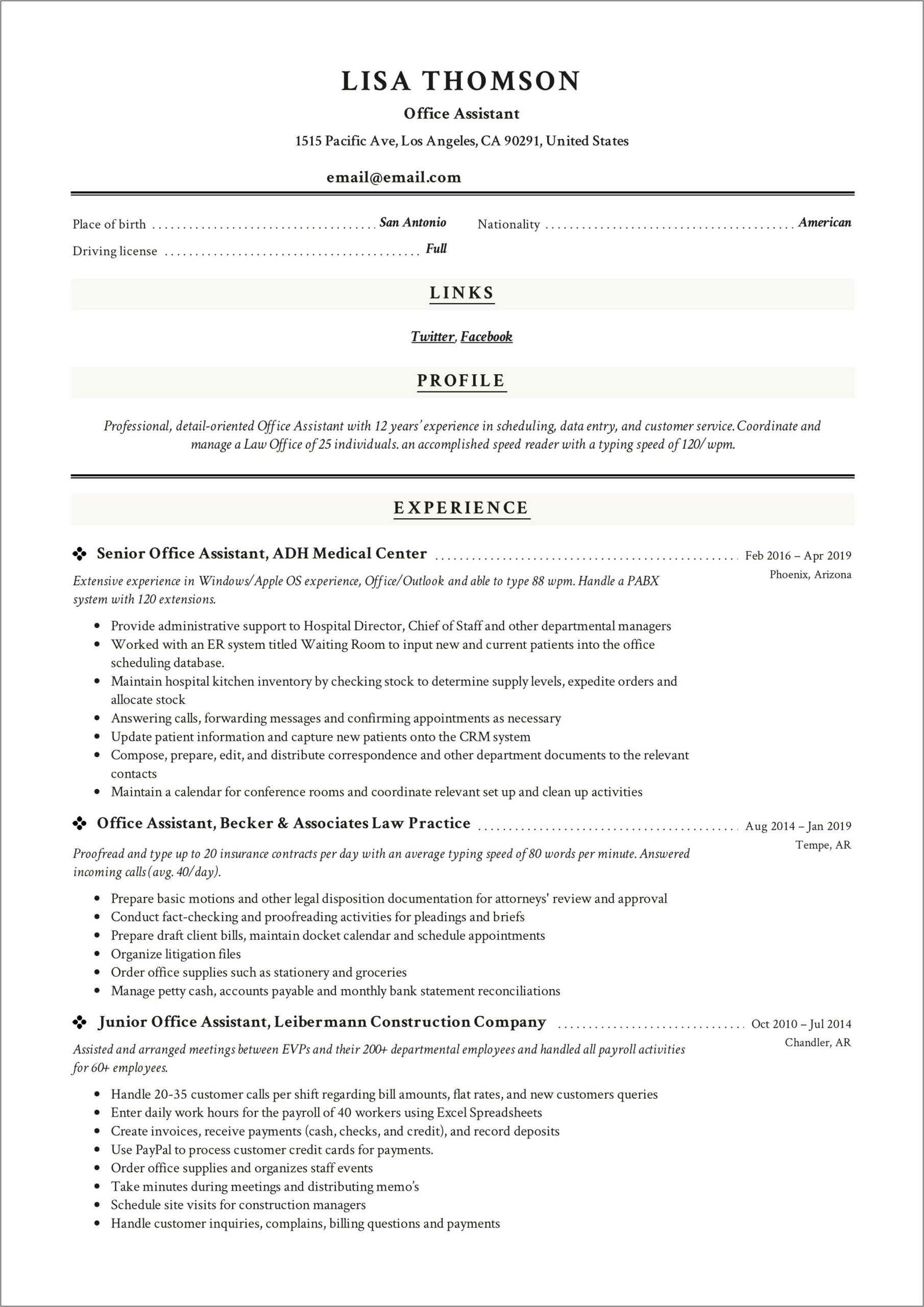 Sample Resume For Contrustion Company Office Assistant