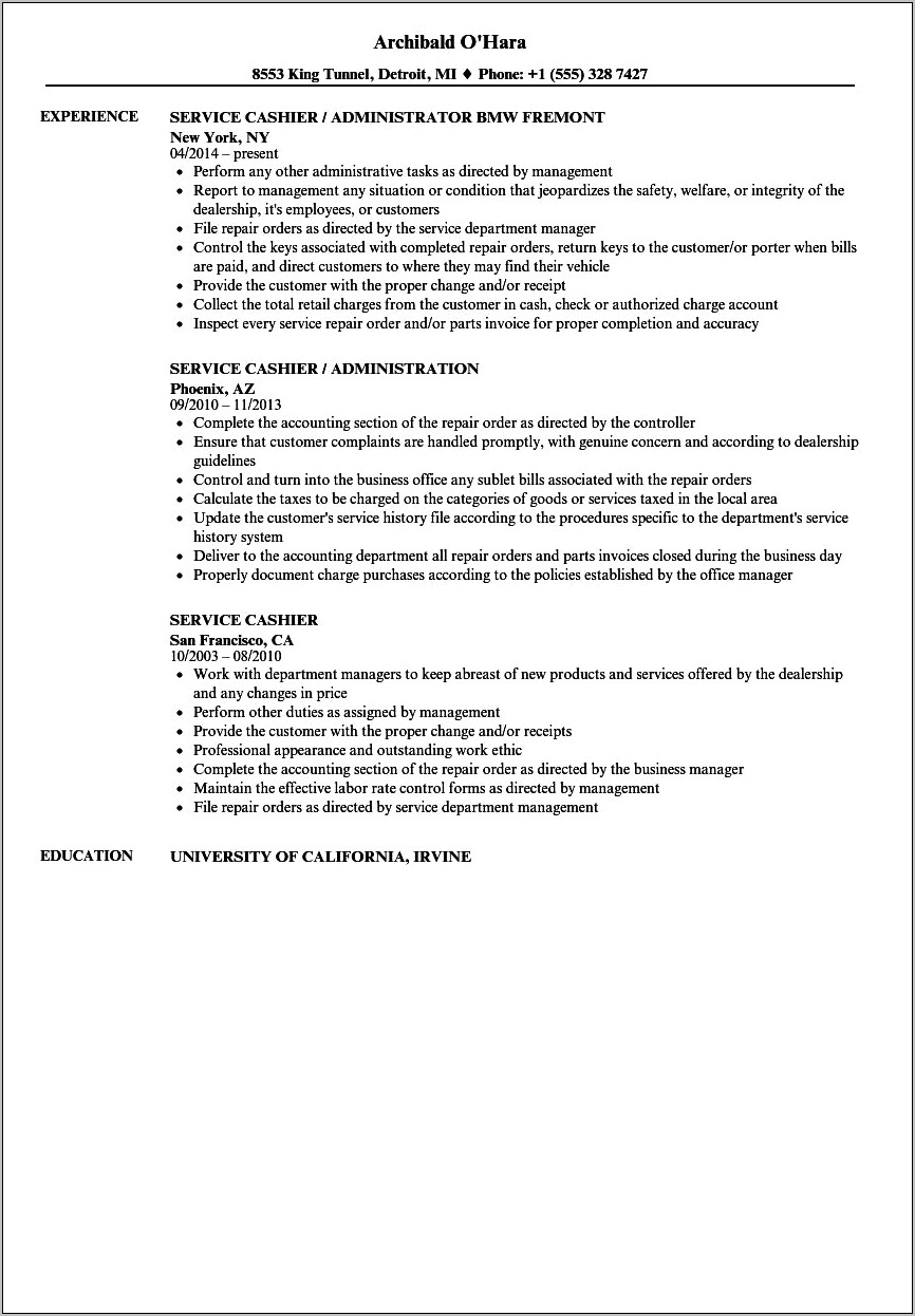 Sample Resume For Customer Service And Cashier