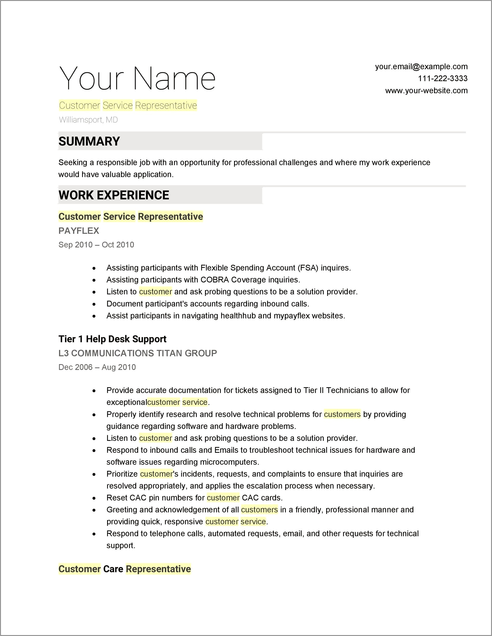 Sample Resume For Customer Service Desk