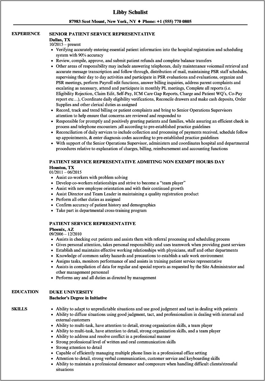 Sample Resume For Customer Service Healthcare
