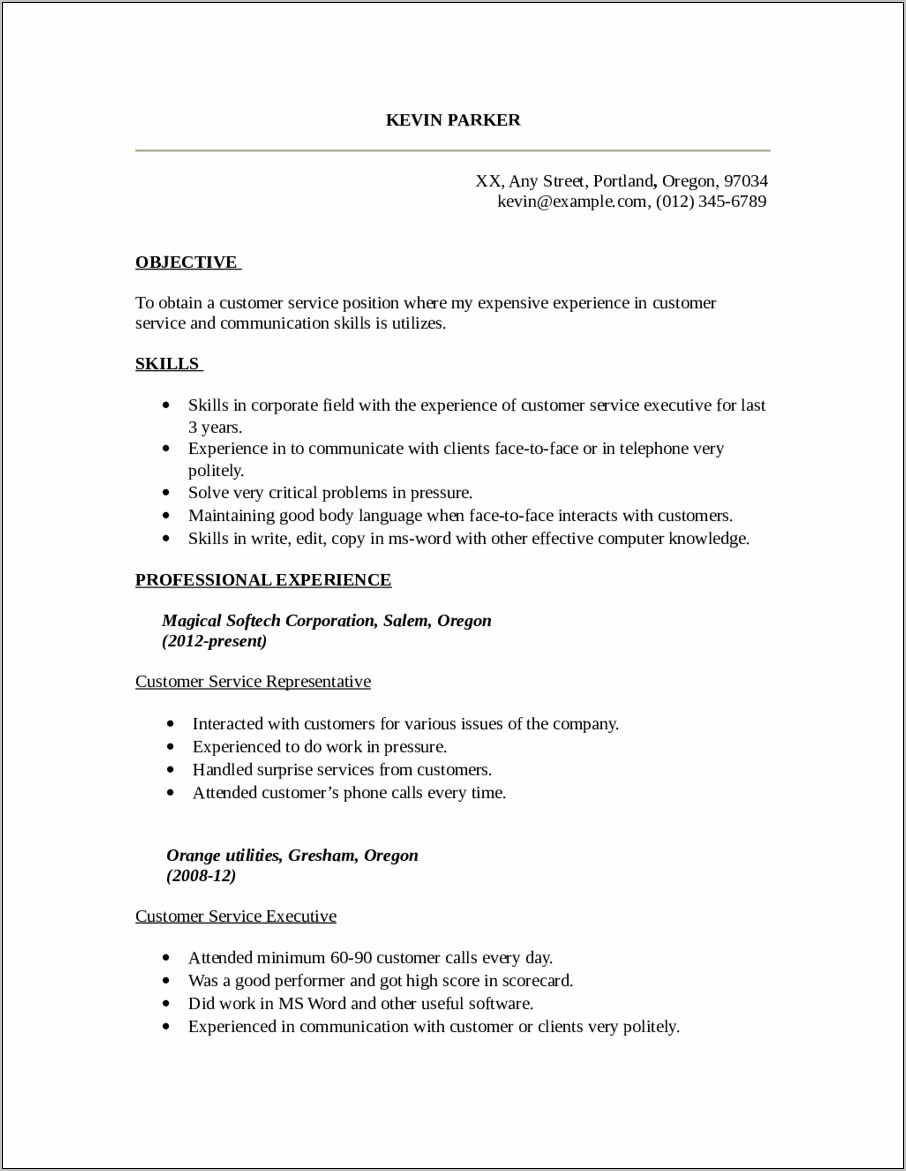 Sample Resume For Customer Service Phone Operator