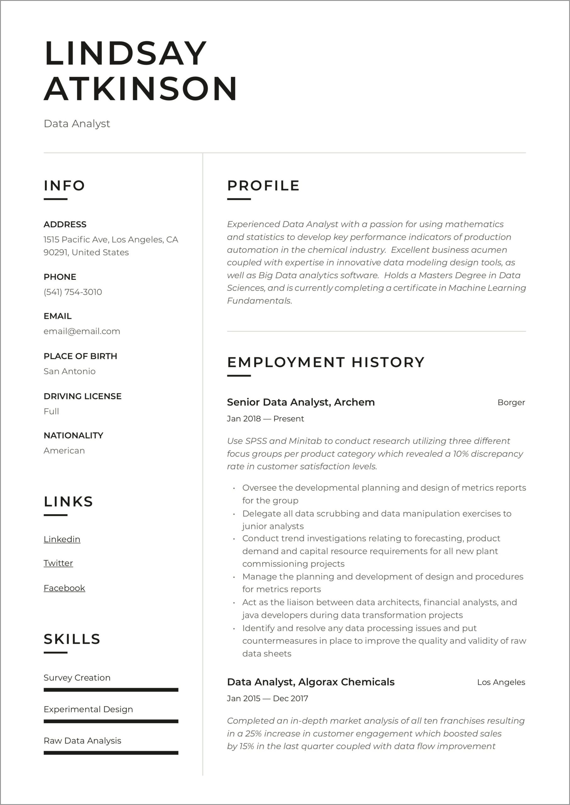Sample Resume For Data Analyst Job