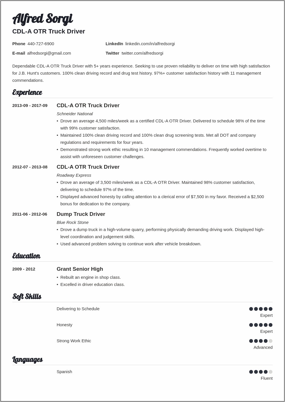 Sample Resume For Delivery Truck Driver