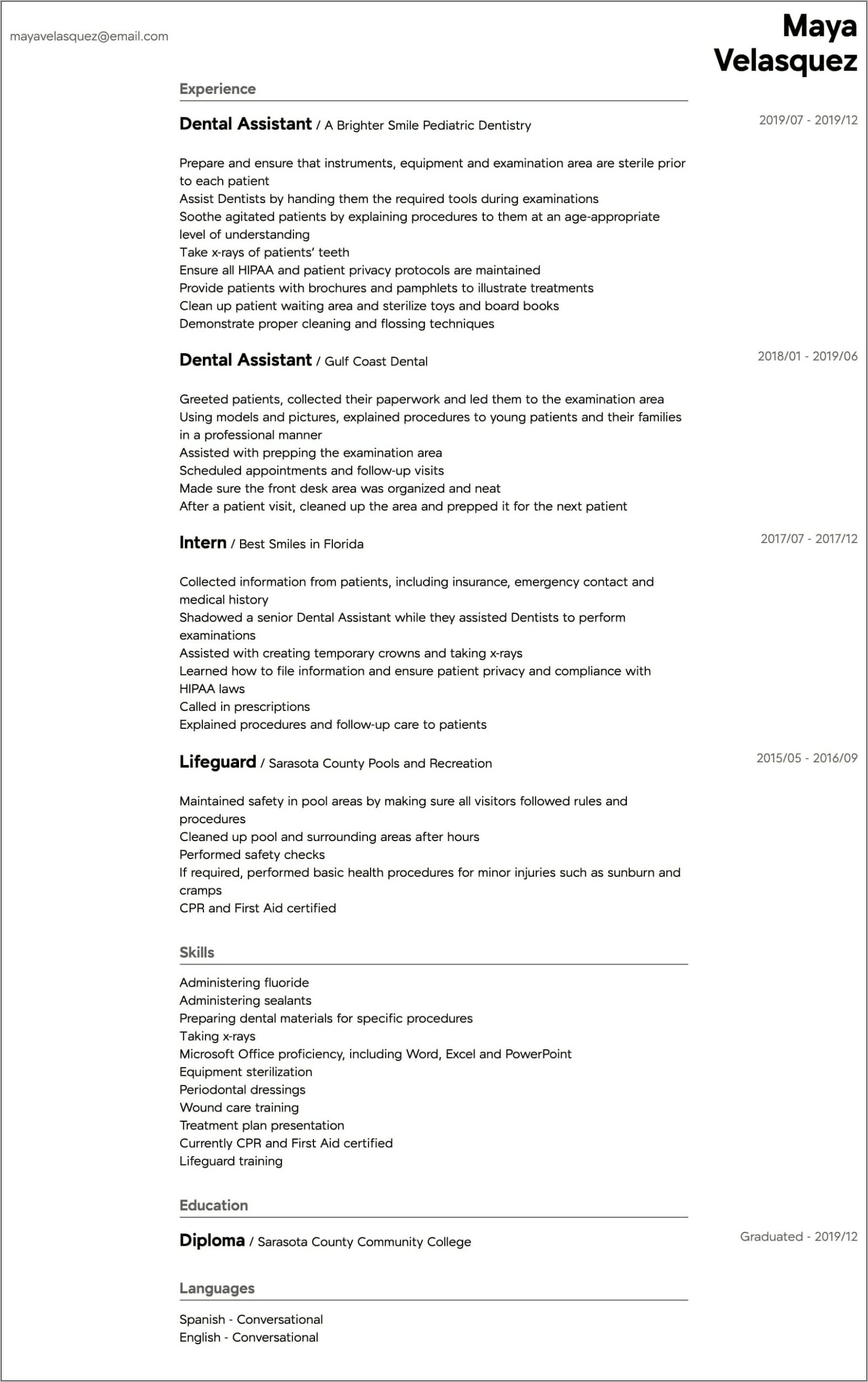 Sample Resume For Dental Assistant Student