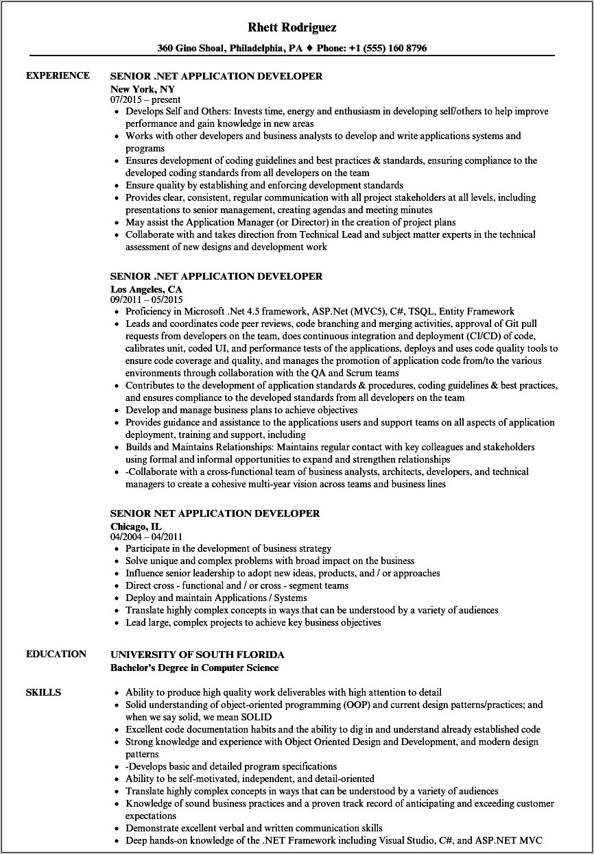 Sample Resume For Design Asp.net Mvc