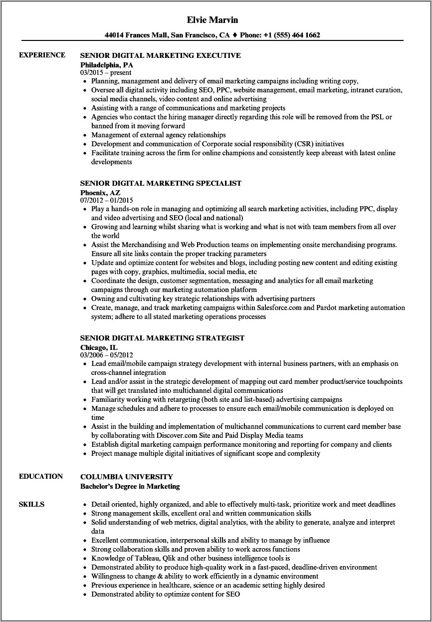 Sample Resume For Digital Marketing Specialist