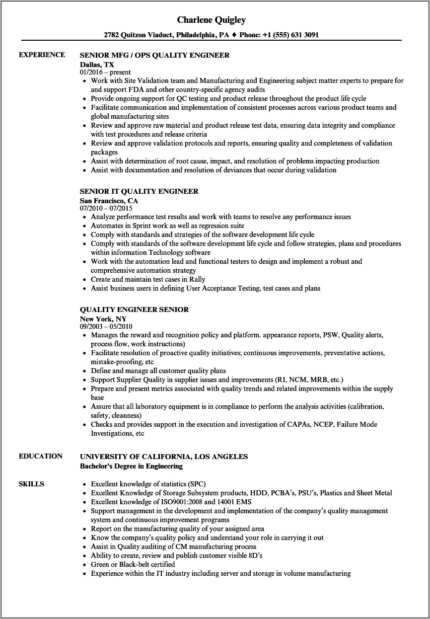 Sample Resume For Director Of Quality Medical Devices