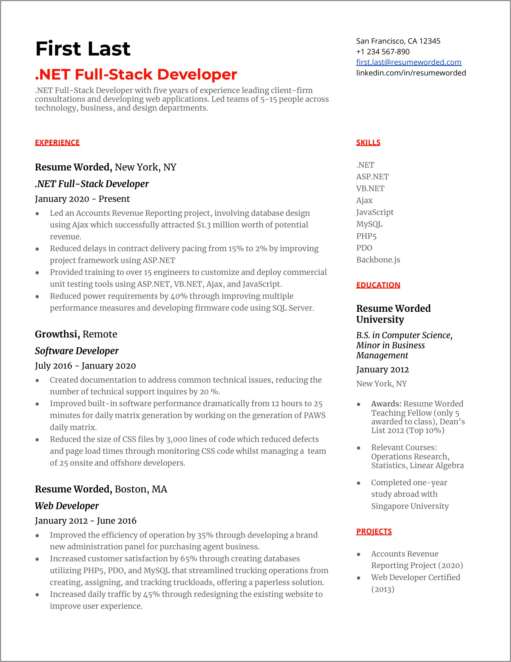 Sample Resume For Dot Net Programmer Fresher