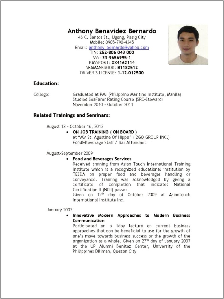 Sample Resume For Driver In Philippines