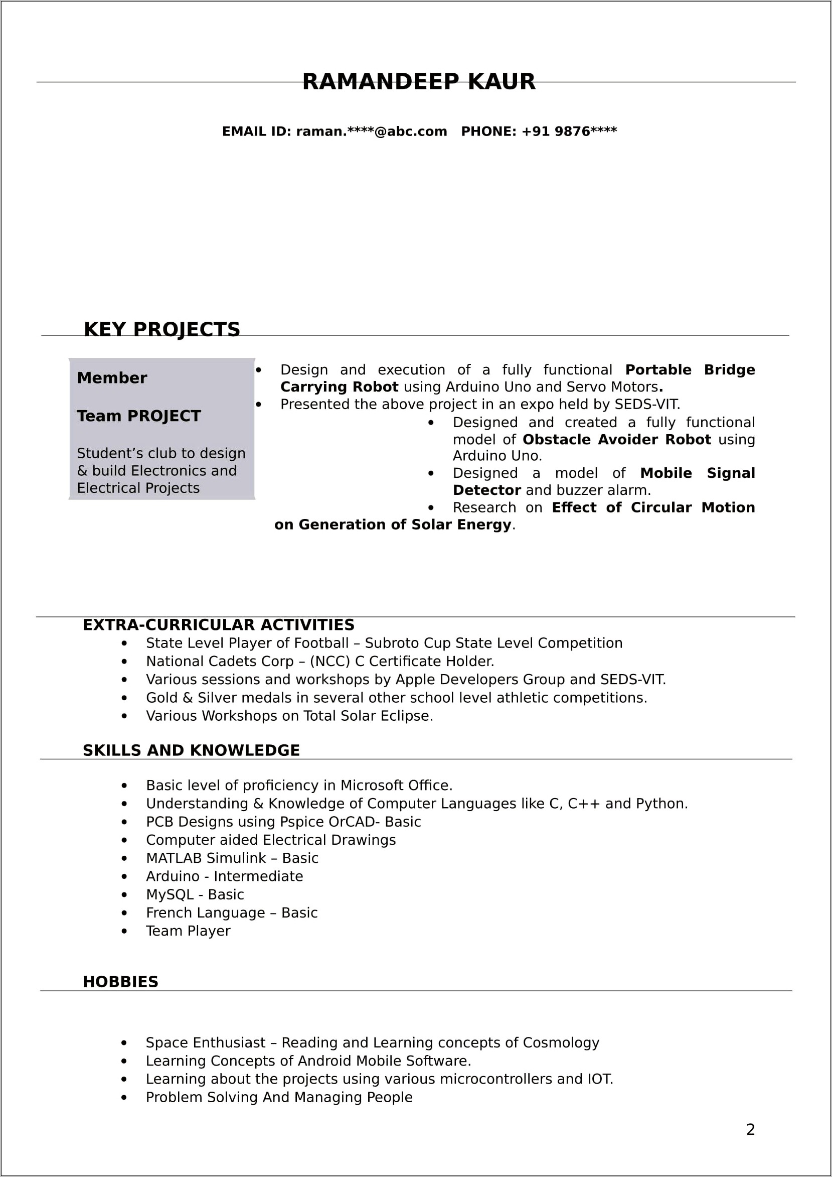 Sample Resume For Electrical Engineer Fresher Doc