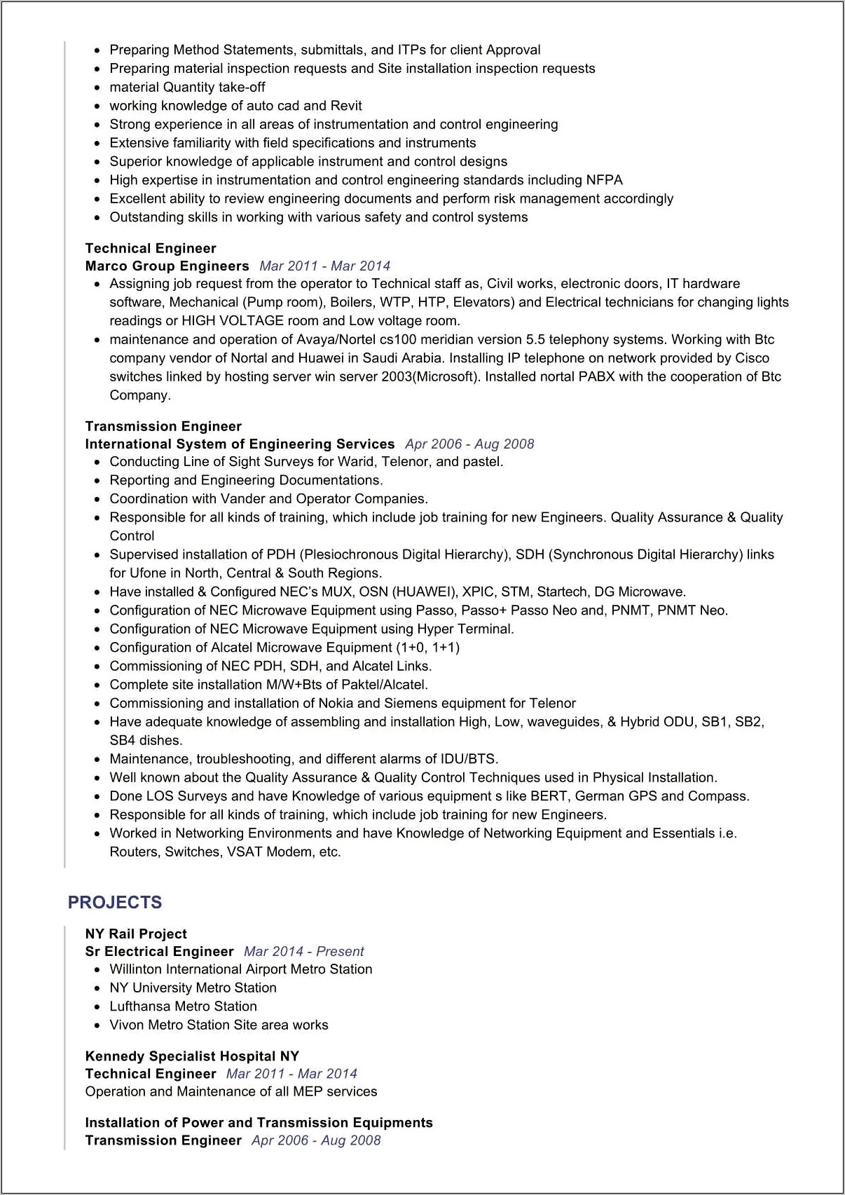 Sample Resume For Electrical Engineer In Power Plant