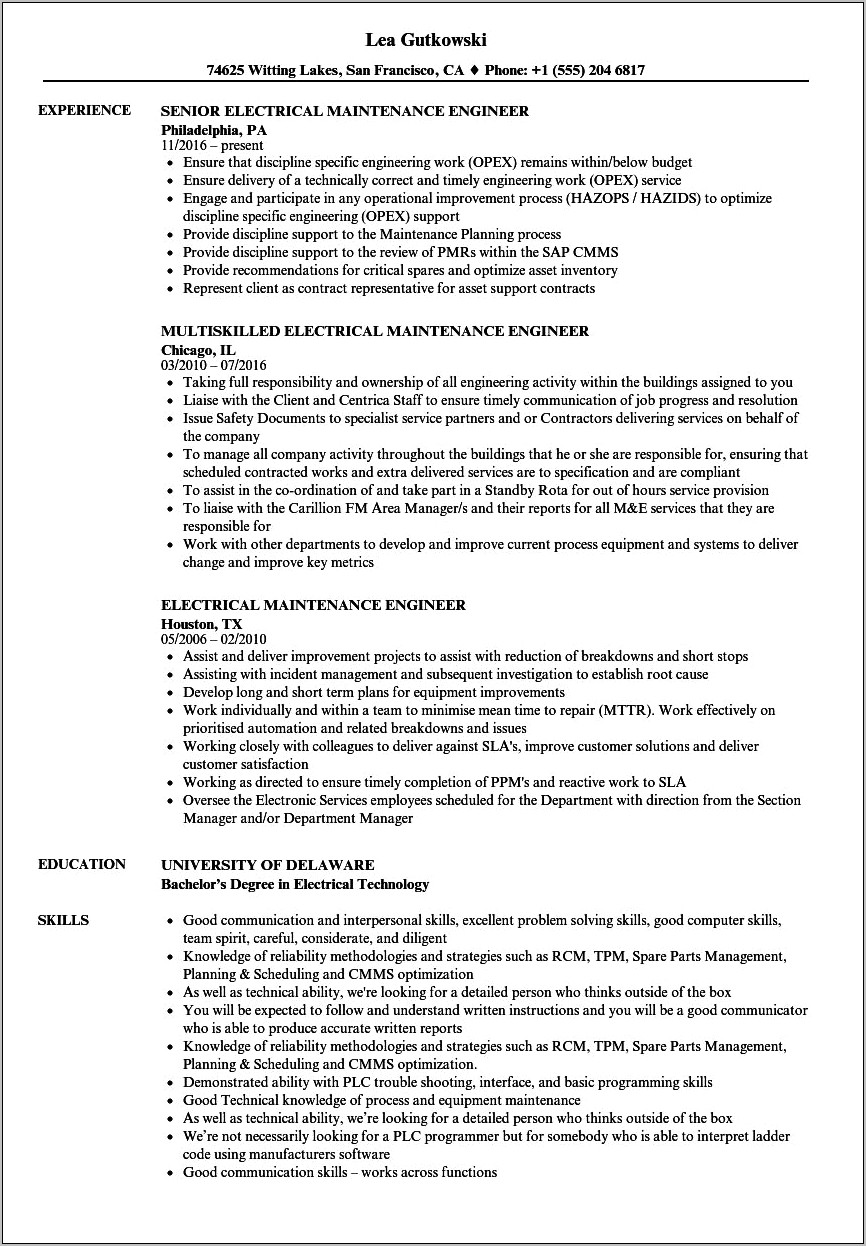 Sample Resume For Electrical Engineer Maintenance Pdf
