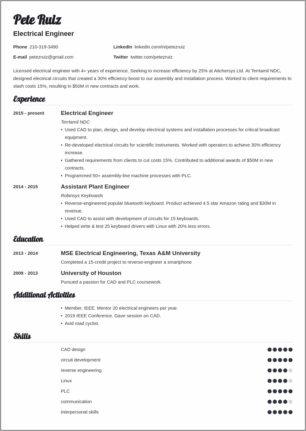 Sample Resume For Electrical Engineering Student