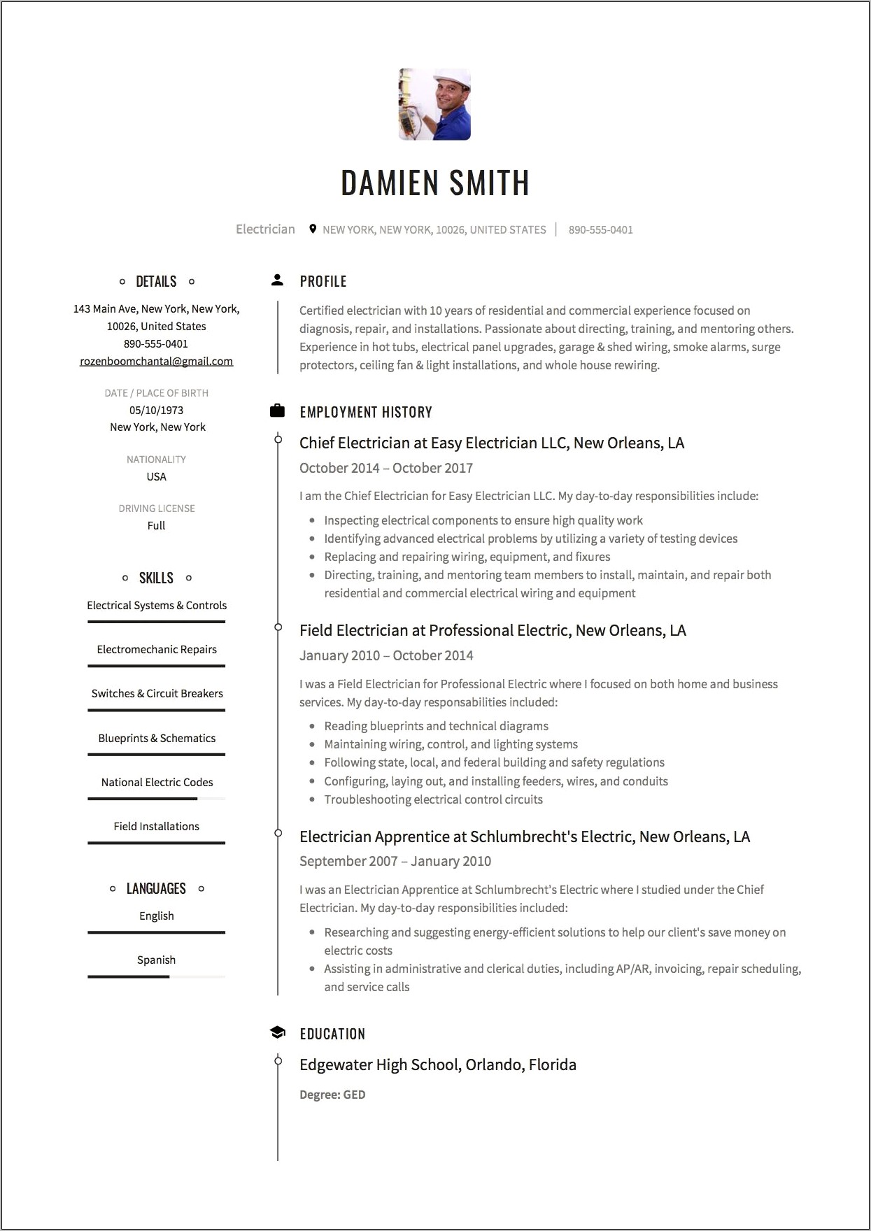 Sample Resume For Electrician In Maintenance