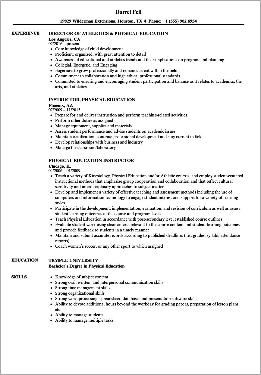 Sample Resume For Elementary Physical Education Teacher
