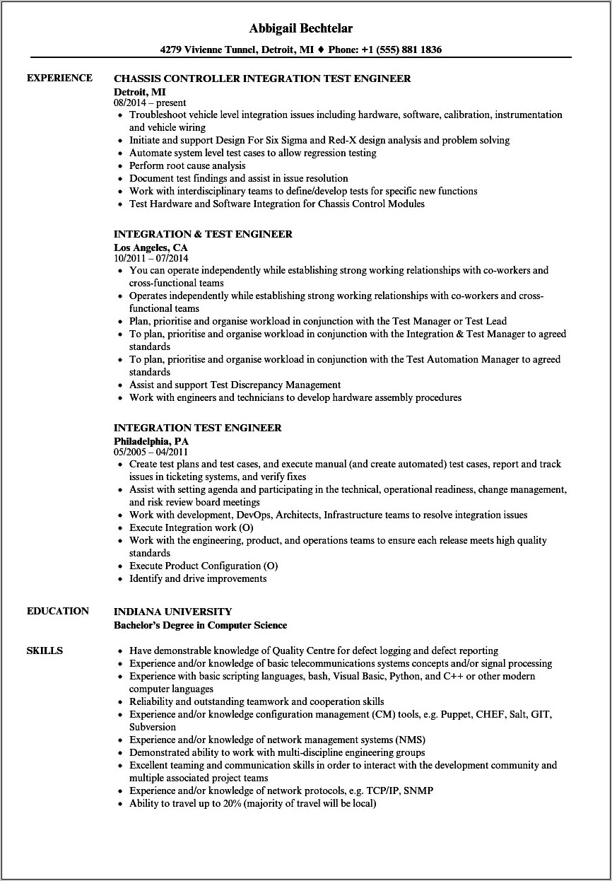 Sample Resume For Embedded Testing Engineer
