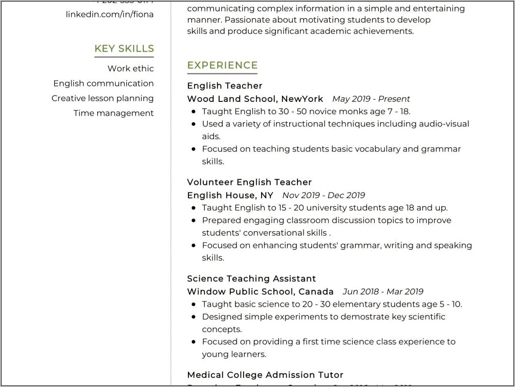 Sample Resume For English Teachers In India